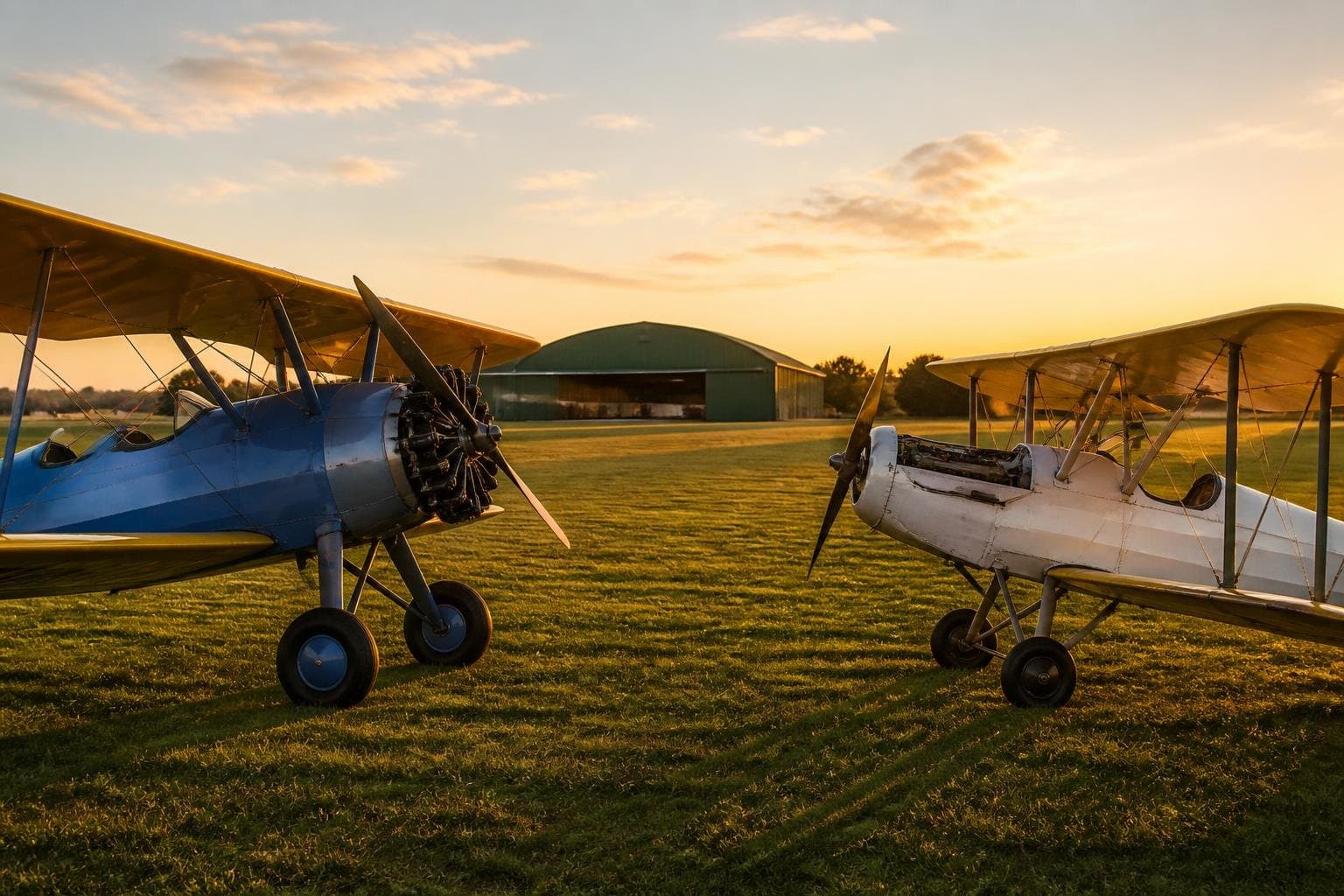 Radial-engine and inline-engine classic biplanes facing each other on a grass aerodrome at sunset