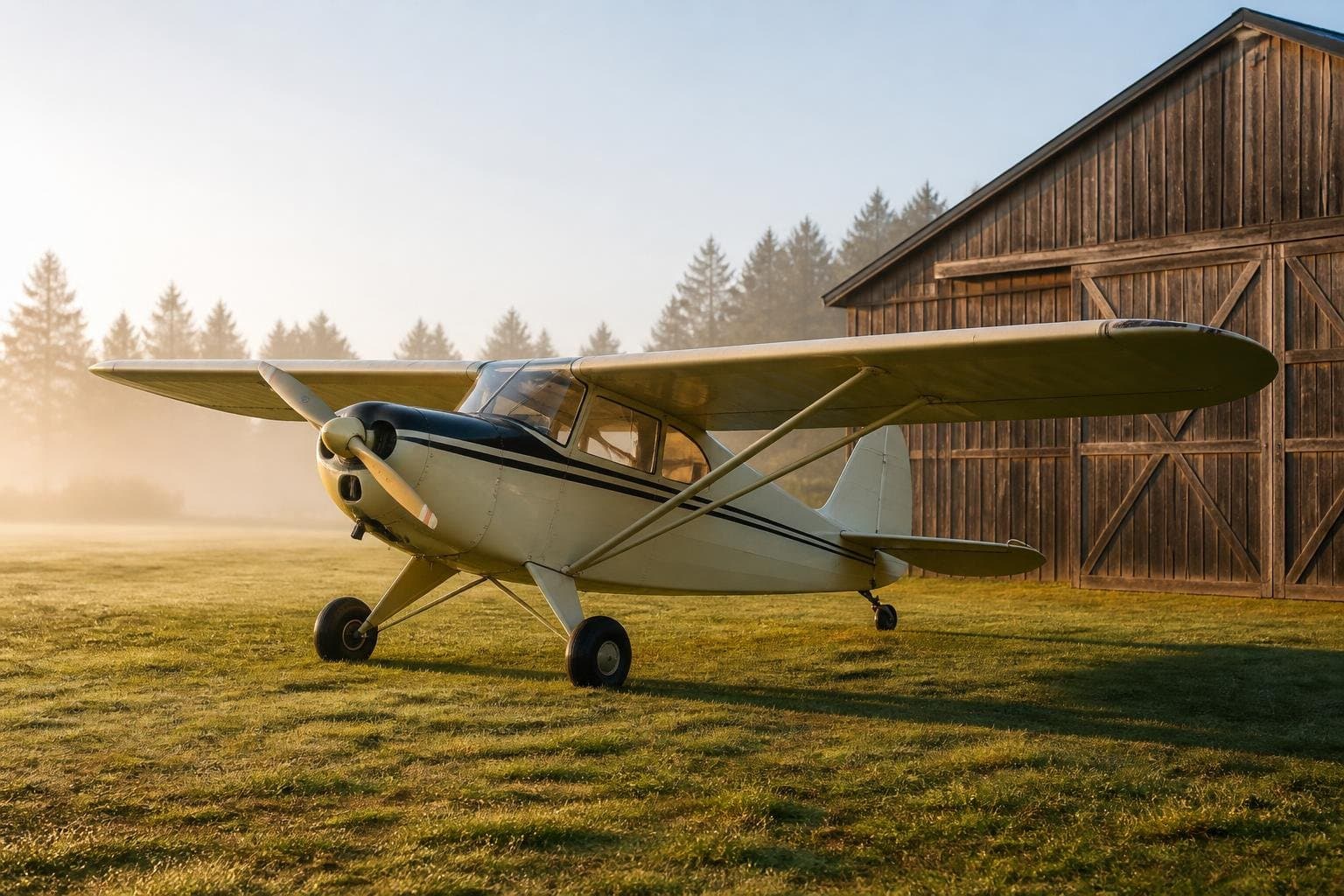 Post-war high-wing tailwheel aircraft beside a wooden hangar on a misty grass airfield