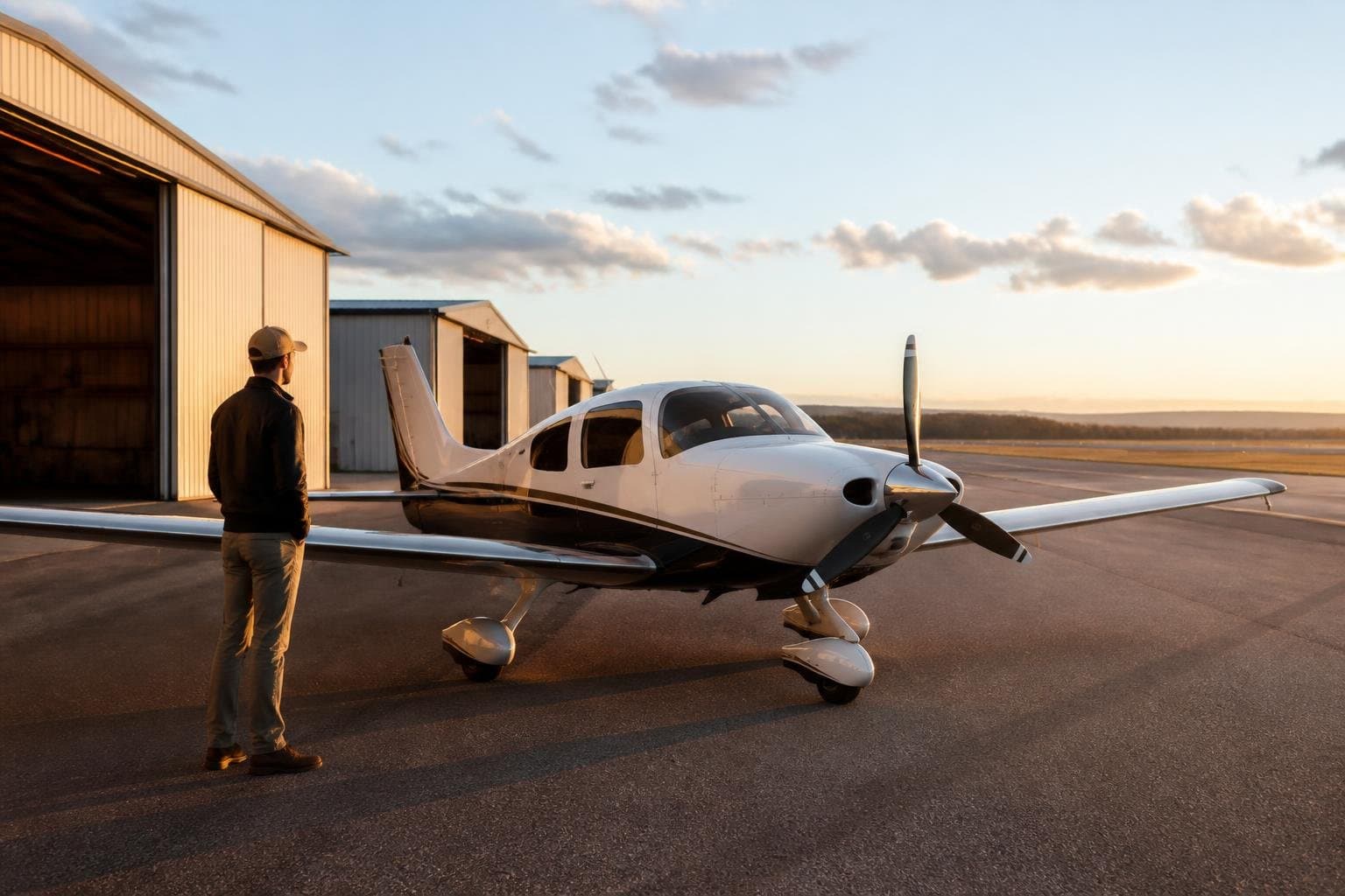 Well-kept single-engine aircraft at a quiet regional airport with an owner-pilot nearby at golden hour