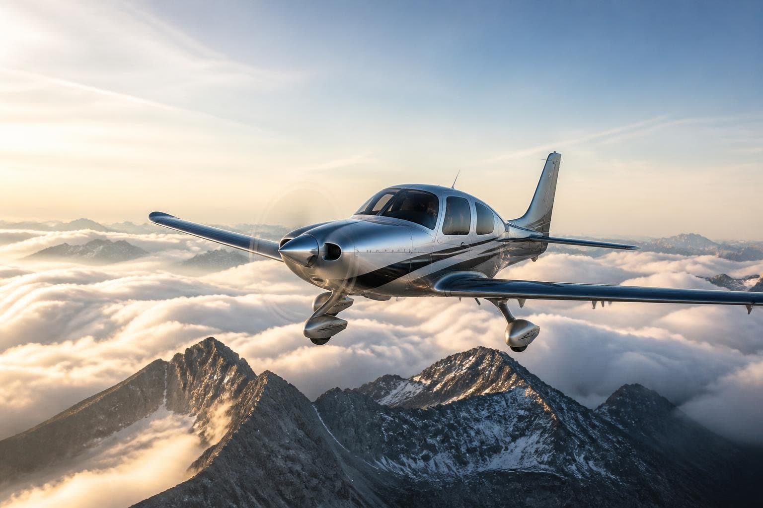Generic turbocharged single-engine piston aircraft flying above sunlit mountain peaks and broken clouds at high altitude