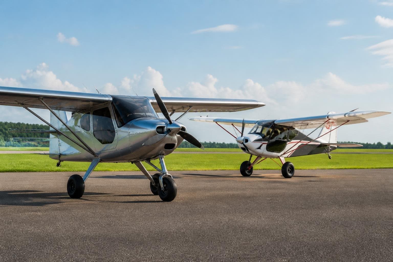 Two generic high-wing light aircraft parked on a sunlit apron beside a grass airfield