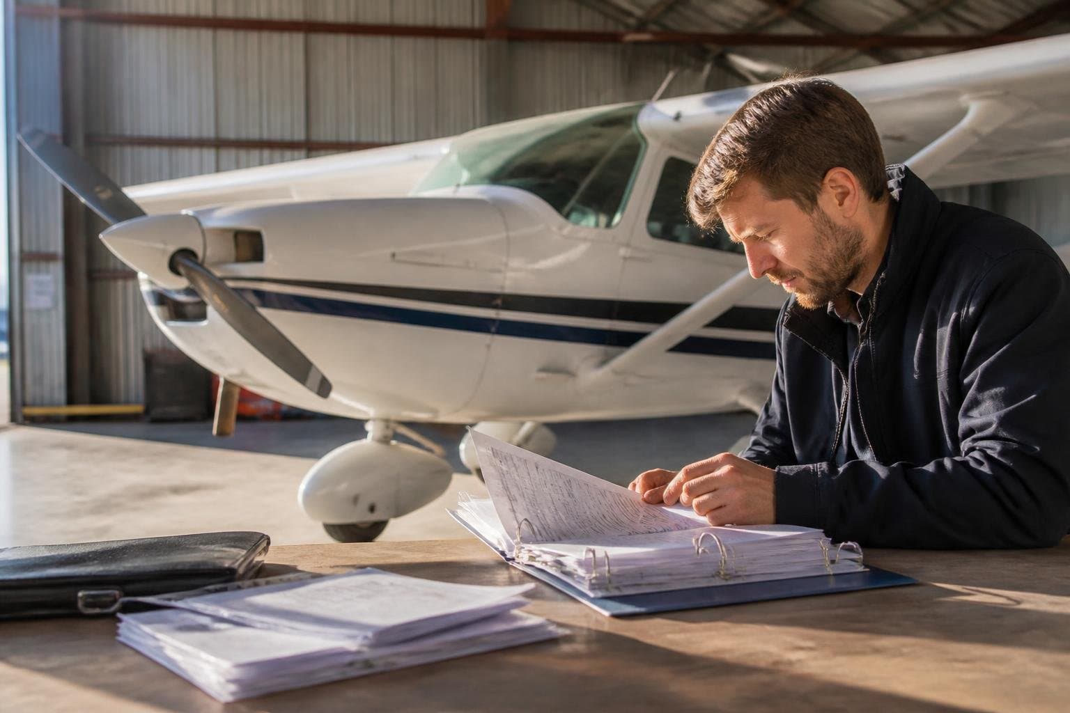 Prospective buyer examining maintenance records beside a generic light aircraft in a sunlit hangar