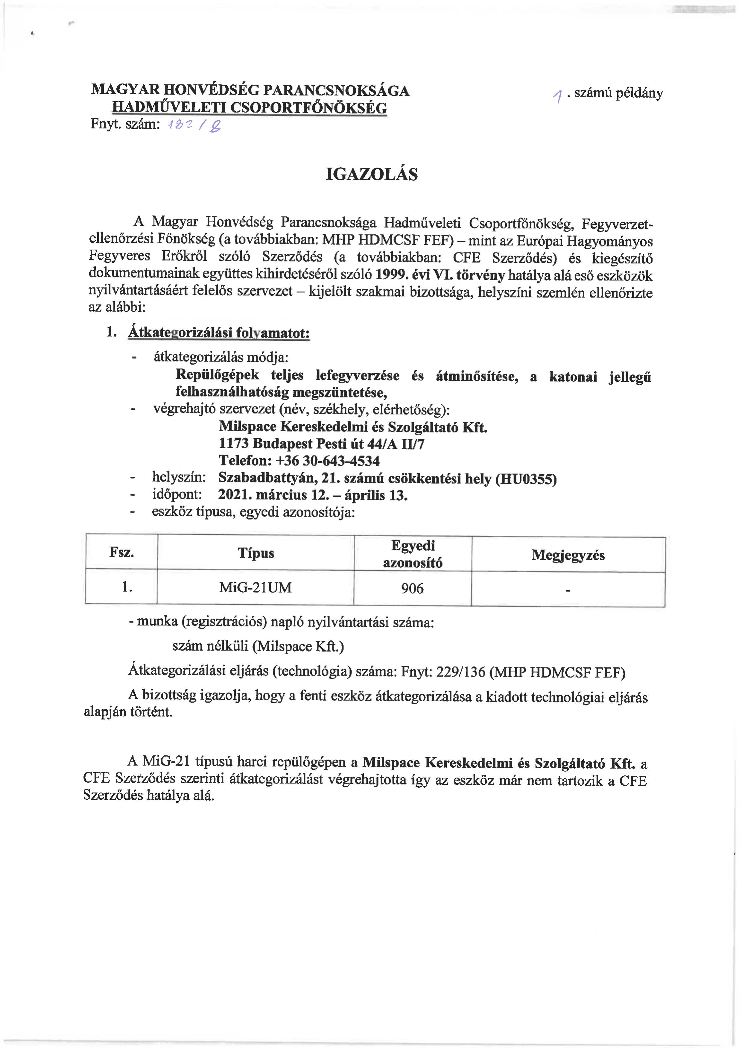 Fighter Jet Deactivation Certificate