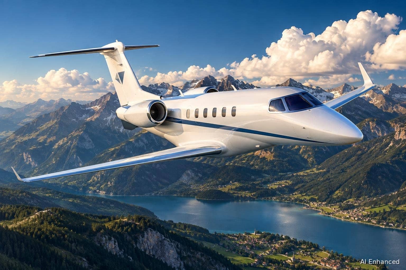 Illustration of a Embraer EMB-505 Phenom 300 aircraft: side profile.