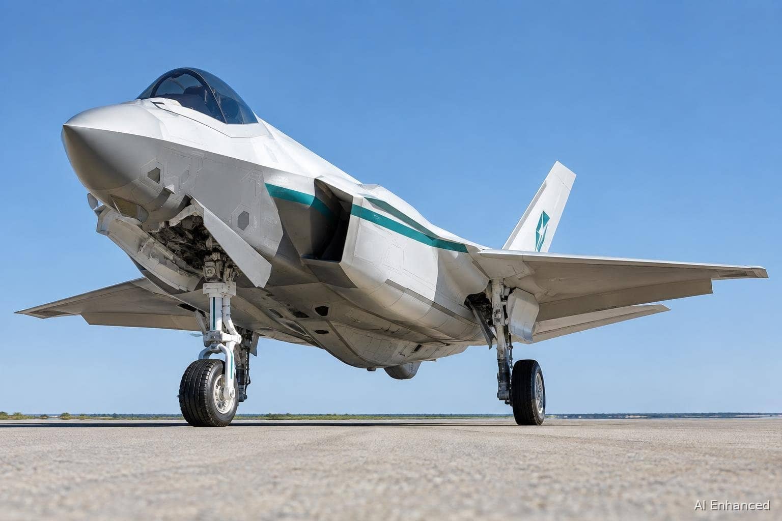 Illustration of a F-35 Lightning II family: F-35A, F-35B and F-35C aircraft: underside and landing gear.