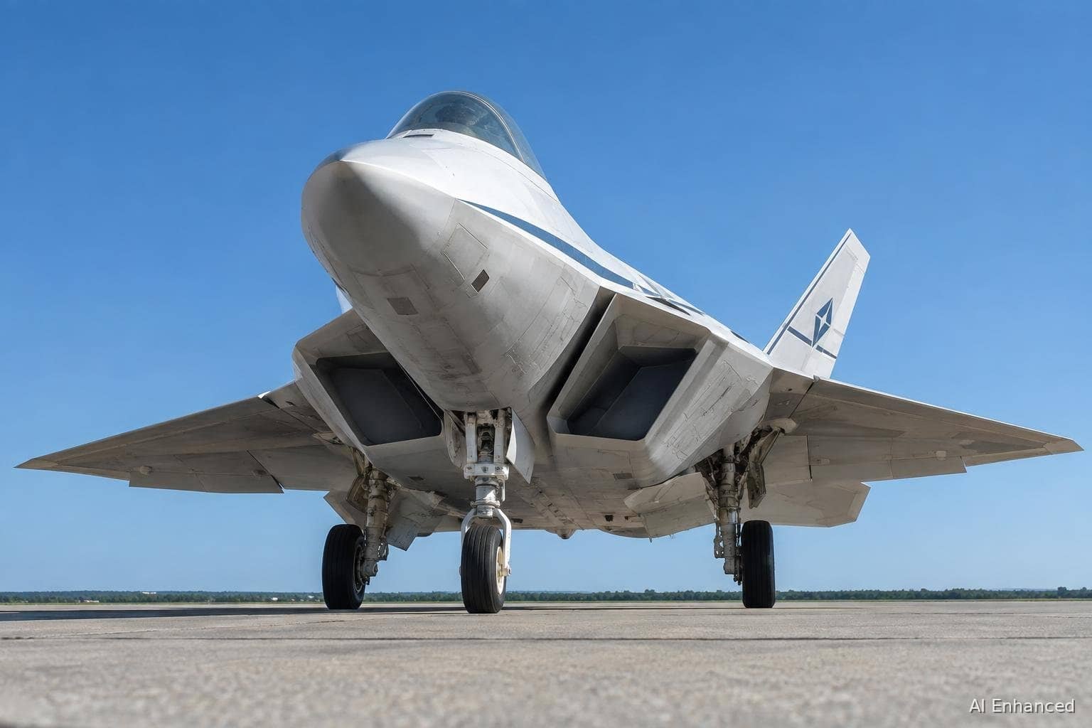 Illustration of a F-22A Raptor aircraft: underside and landing gear.